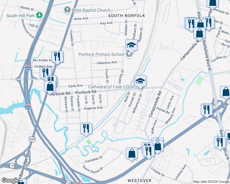map of restaurants, bars, coffee shops, grocery stores, and more near 4105 Fourth Street in Chesapeake