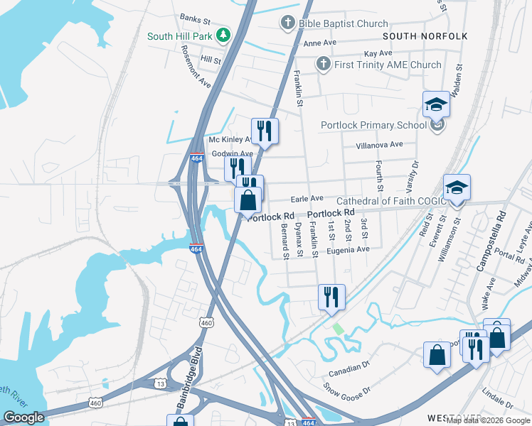 map of restaurants, bars, coffee shops, grocery stores, and more near 1106 Portlock Road in Chesapeake