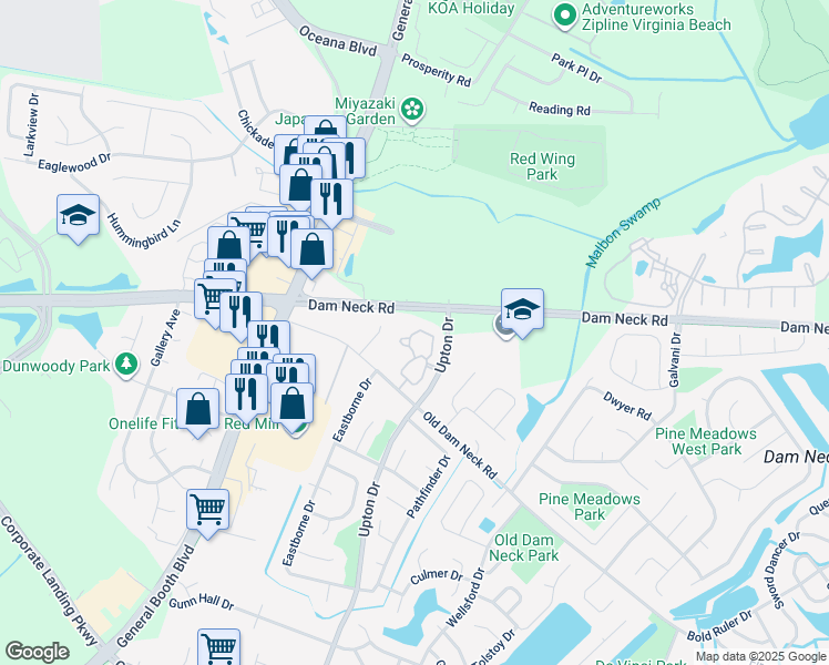 map of restaurants, bars, coffee shops, grocery stores, and more near 1709 Cottenham Ln in Virginia Beach