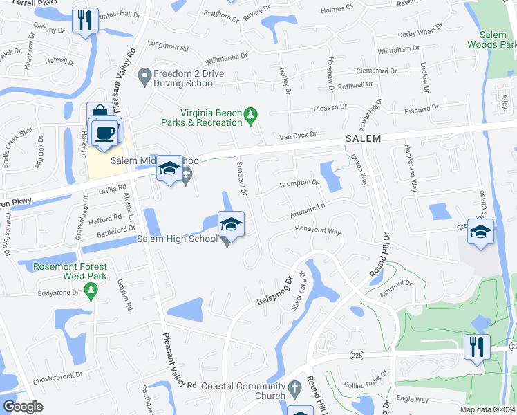 map of restaurants, bars, coffee shops, grocery stores, and more near 4717 Ardmore Lane in Virginia Beach