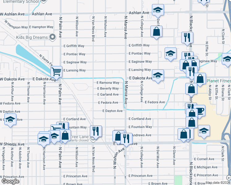 map of restaurants, bars, coffee shops, grocery stores, and more near 834 East Garland Avenue in Fresno