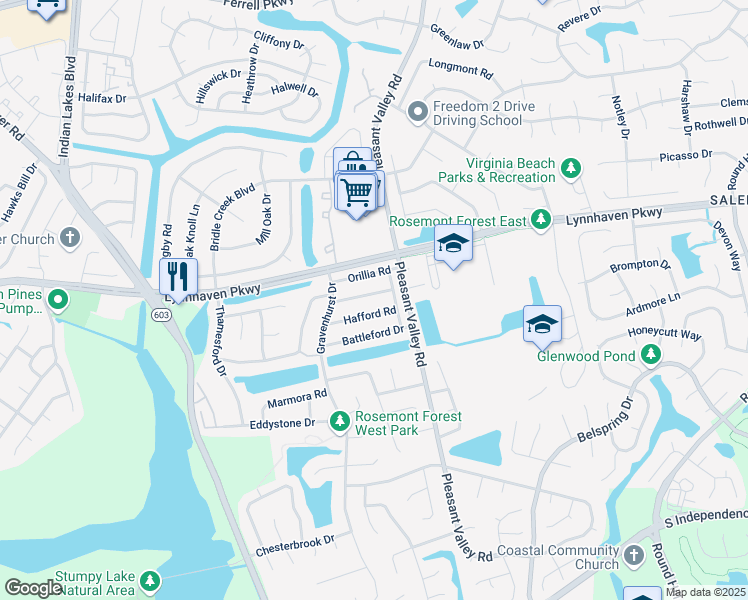 map of restaurants, bars, coffee shops, grocery stores, and more near 1317 Hafford Road in Virginia Beach