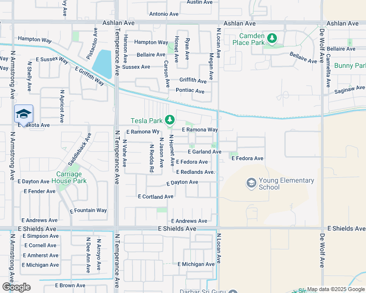 map of restaurants, bars, coffee shops, grocery stores, and more near 7387 East Robinson Avenue in Fresno