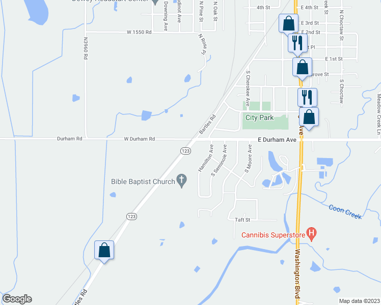 map of restaurants, bars, coffee shops, grocery stores, and more near 420 Bartles Road in Dewey