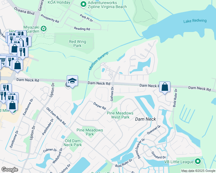 map of restaurants, bars, coffee shops, grocery stores, and more near 893 Levy Loop in Virginia Beach