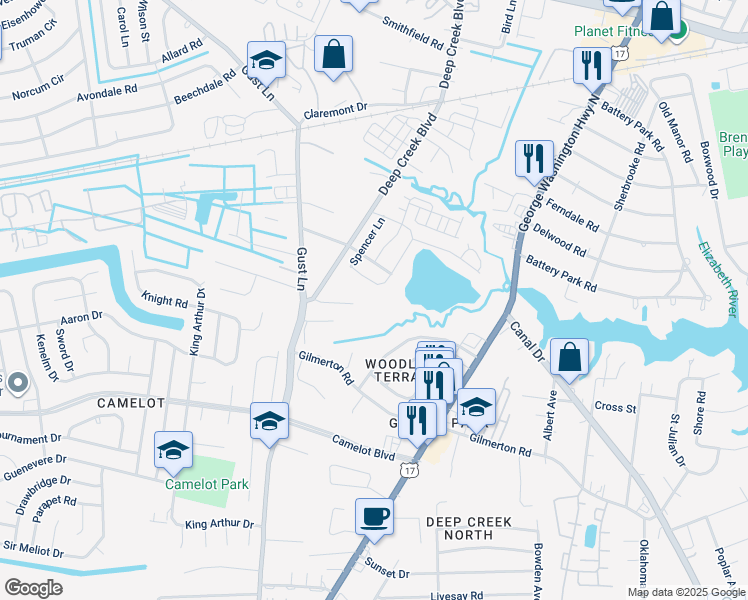 map of restaurants, bars, coffee shops, grocery stores, and more near Artis Avenue in Chesapeake