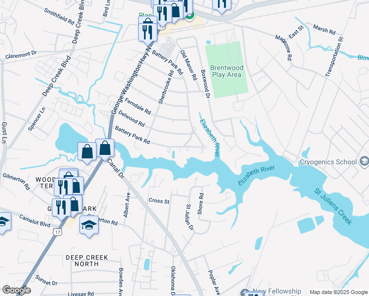 map of restaurants, bars, coffee shops, grocery stores, and more near 2157 Arbutus Circle in Chesapeake