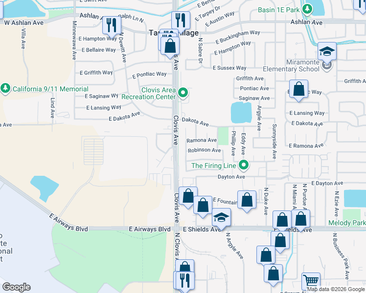 map of restaurants, bars, coffee shops, grocery stores, and more near 3730 Judy Avenue in Clovis