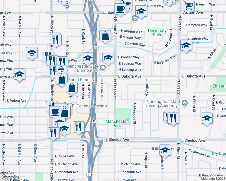 map of restaurants, bars, coffee shops, grocery stores, and more near 3733 North Fresno Street in Fresno