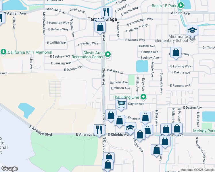 map of restaurants, bars, coffee shops, grocery stores, and more near 3730 Judy Avenue in Clovis