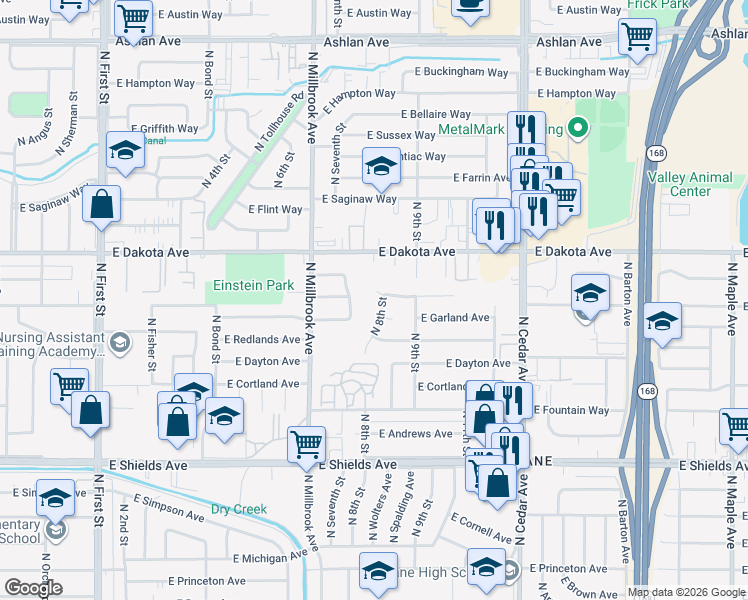 map of restaurants, bars, coffee shops, grocery stores, and more near 3650 North 8th Street in Fresno