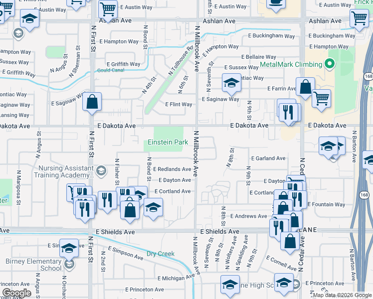 map of restaurants, bars, coffee shops, grocery stores, and more near 3606 East Fedora Avenue in Fresno