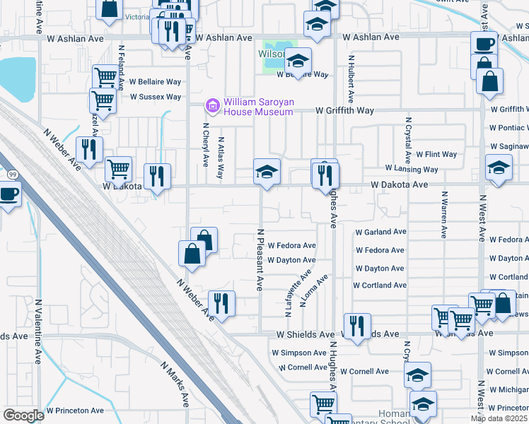 map of restaurants, bars, coffee shops, grocery stores, and more near 2438 West Garland Avenue in Fresno