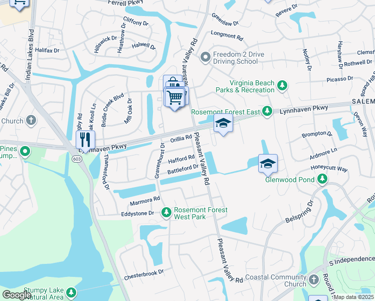 map of restaurants, bars, coffee shops, grocery stores, and more near 1311 Longlac Road in Virginia Beach