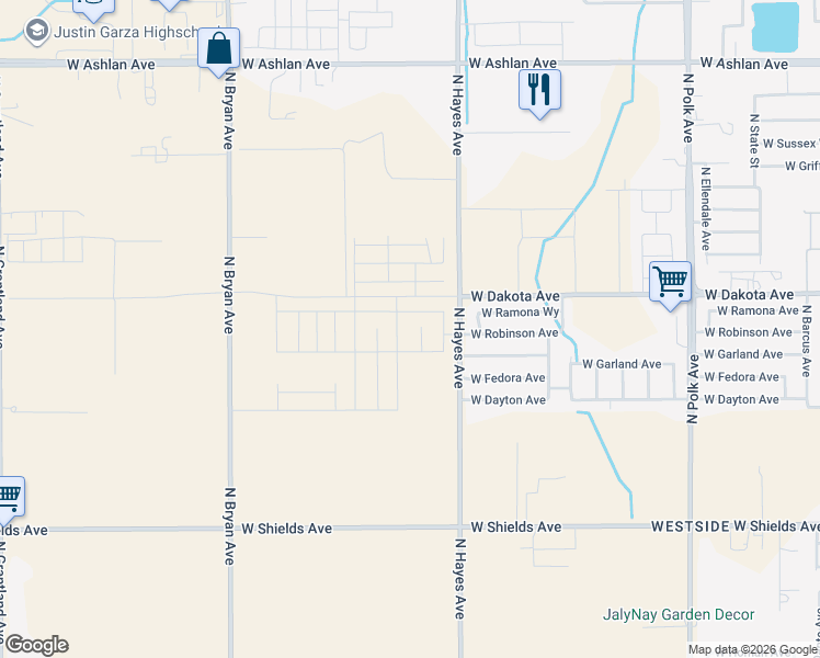 map of restaurants, bars, coffee shops, grocery stores, and more near 3393 North Hayes Avenue in Fresno