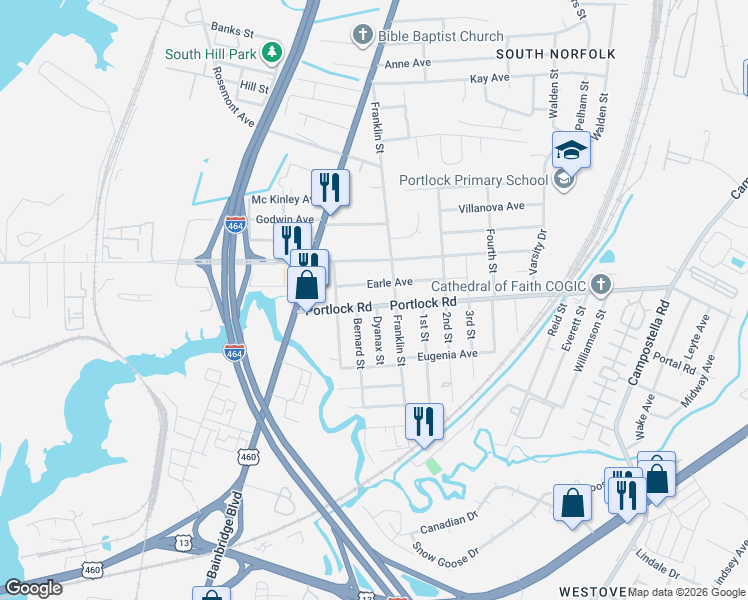 map of restaurants, bars, coffee shops, grocery stores, and more near 4101 Bernard Street in Chesapeake