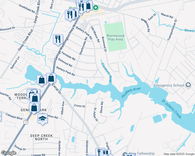 map of restaurants, bars, coffee shops, grocery stores, and more near 2149 Arbutus Cir in Chesapeake