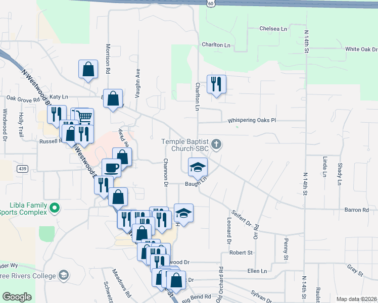 map of restaurants, bars, coffee shops, grocery stores, and more near 2313 Covington Meadows in Poplar Bluff