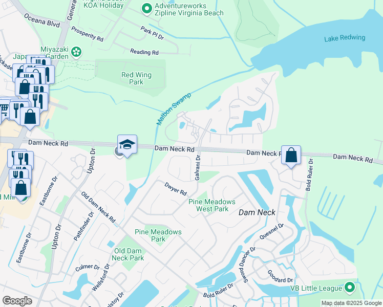 map of restaurants, bars, coffee shops, grocery stores, and more near 1477 Levy Court in Virginia Beach