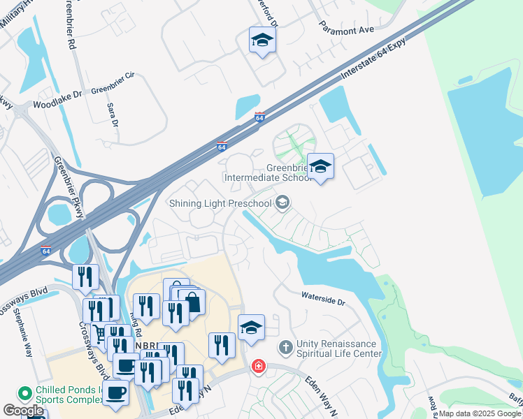 map of restaurants, bars, coffee shops, grocery stores, and more near 1905 Gatewood Court in Chesapeake