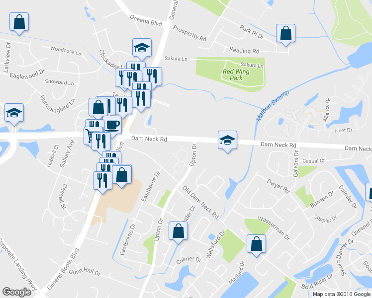 map of restaurants, bars, coffee shops, grocery stores, and more near 1705 Cottenham Lane in Virginia Beach
