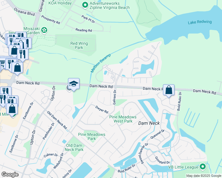 map of restaurants, bars, coffee shops, grocery stores, and more near 893 Levy Loop in Virginia Beach