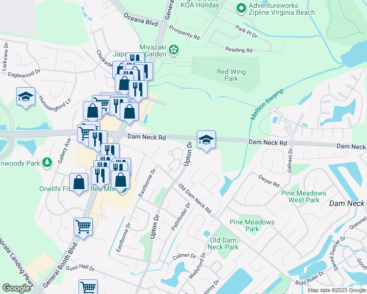 map of restaurants, bars, coffee shops, grocery stores, and more near 1644 Upton Drive in Virginia Beach