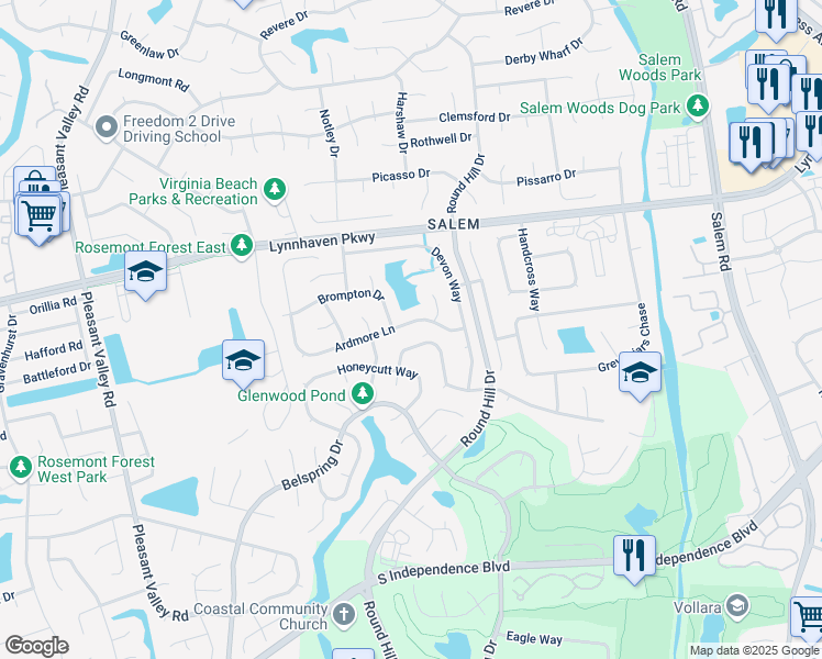 map of restaurants, bars, coffee shops, grocery stores, and more near 4624 Ardmore Lane in Virginia Beach