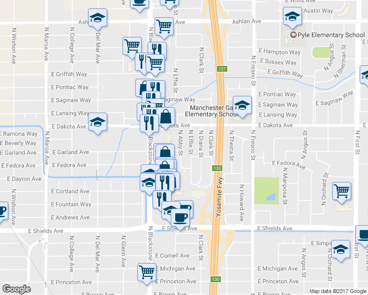 map of restaurants, bars, coffee shops, grocery stores, and more near 3734 North Abby Street in Fresno