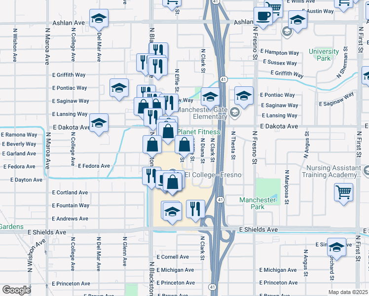 map of restaurants, bars, coffee shops, grocery stores, and more near 3734 North Abby Street in Fresno