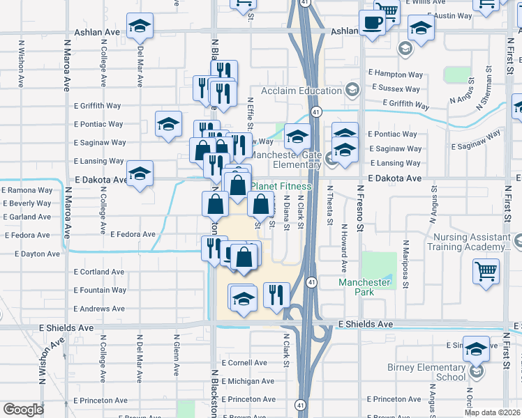 map of restaurants, bars, coffee shops, grocery stores, and more near 3734 North Abby Street in Fresno