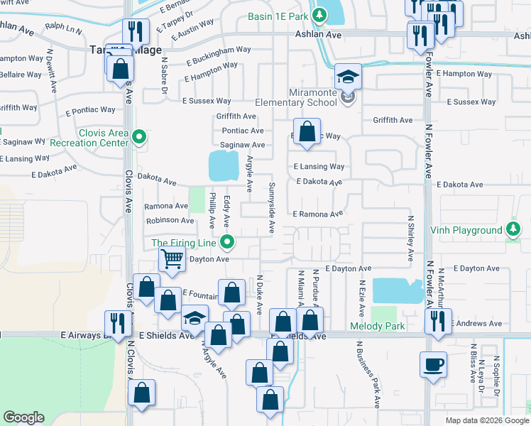 map of restaurants, bars, coffee shops, grocery stores, and more near 1335 Robinson Avenue in Clovis