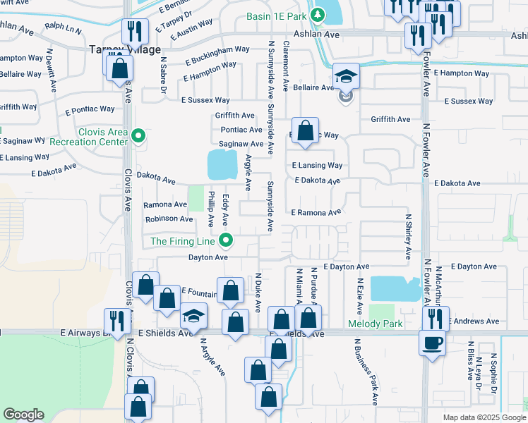 map of restaurants, bars, coffee shops, grocery stores, and more near 1335 Robinson Avenue in Clovis