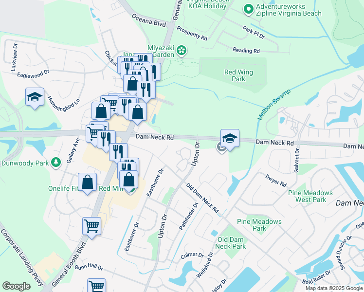 map of restaurants, bars, coffee shops, grocery stores, and more near 1017 Dam Neck Road in Virginia Beach