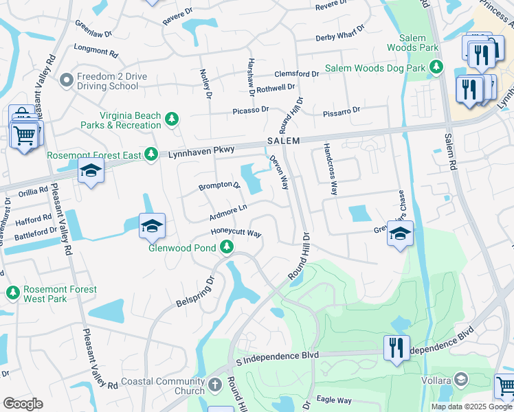 map of restaurants, bars, coffee shops, grocery stores, and more near 4624 Ardmore Lane in Virginia Beach