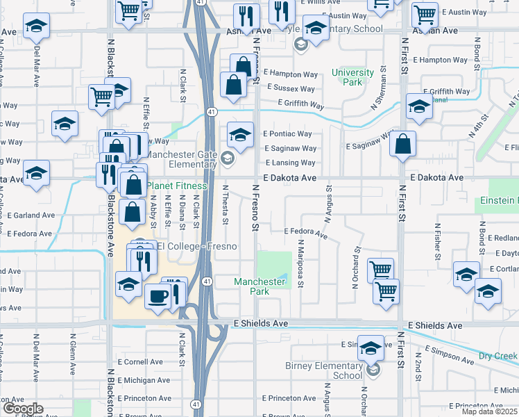 map of restaurants, bars, coffee shops, grocery stores, and more near 3750 North Fresno Street in Fresno