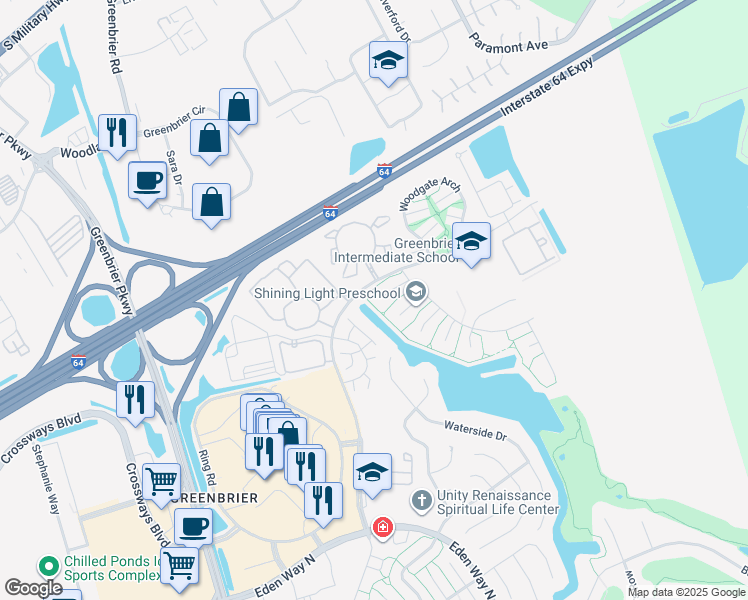 map of restaurants, bars, coffee shops, grocery stores, and more near 1902 Gatewood Court in Chesapeake