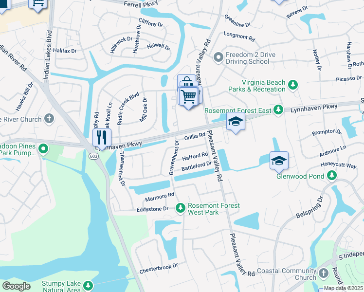 map of restaurants, bars, coffee shops, grocery stores, and more near 1356 Longlac Road in Virginia Beach