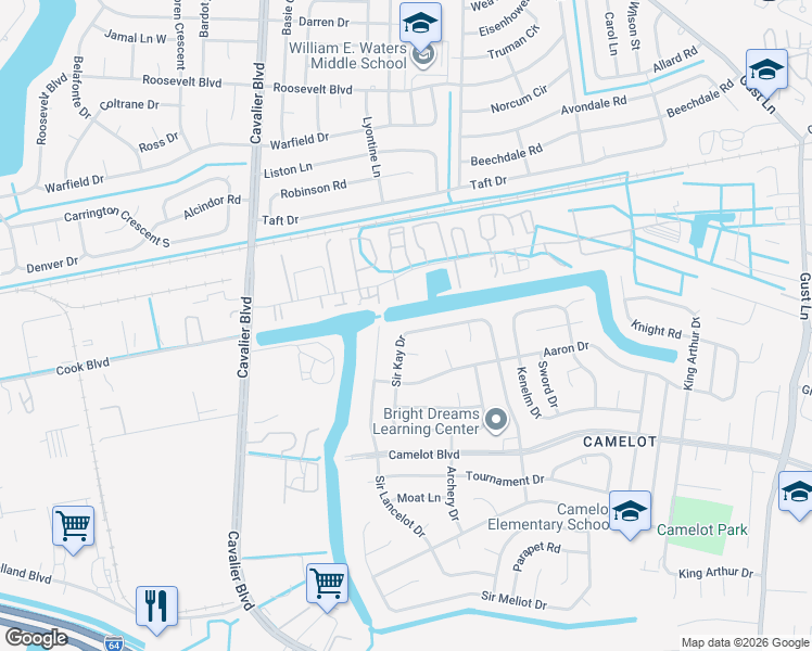 map of restaurants, bars, coffee shops, grocery stores, and more near 1273 Sir Kay Drive in Chesapeake