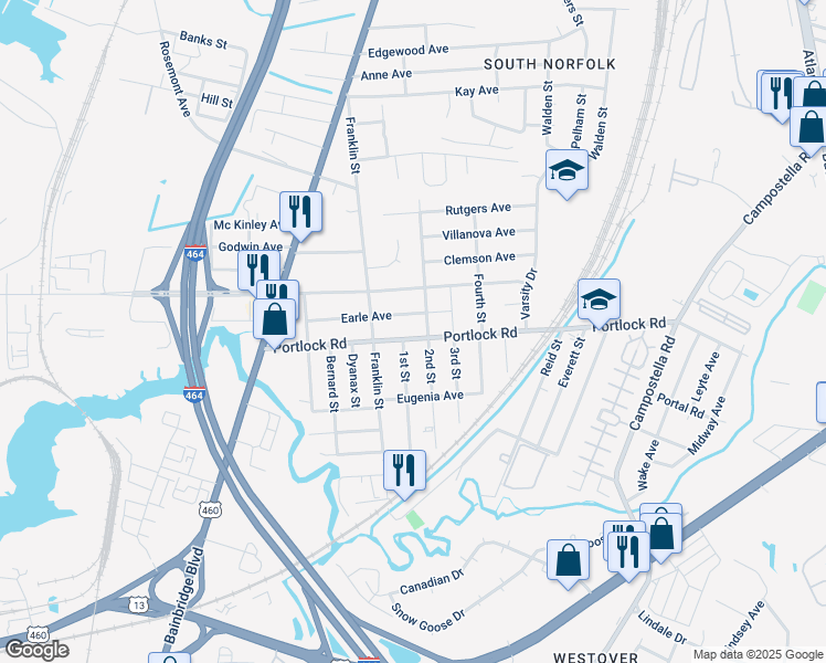 map of restaurants, bars, coffee shops, grocery stores, and more near 1309 Earle Avenue in Chesapeake