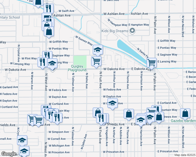 map of restaurants, bars, coffee shops, grocery stores, and more near 3725 North Fruit Avenue in Fresno