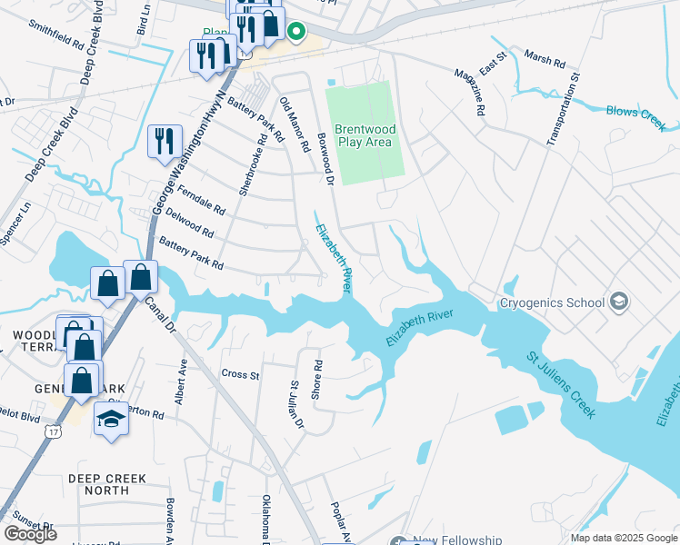 map of restaurants, bars, coffee shops, grocery stores, and more near 2109 Arbutus Circle in Chesapeake