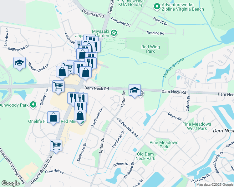 map of restaurants, bars, coffee shops, grocery stores, and more near 1668 Cottenham Lane in Virginia Beach