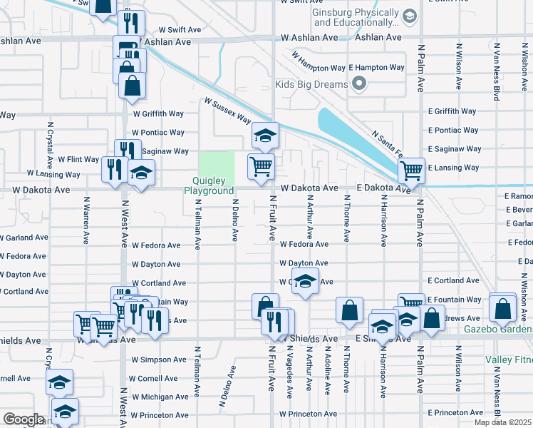 map of restaurants, bars, coffee shops, grocery stores, and more near 3725 North Fruit Avenue in Fresno
