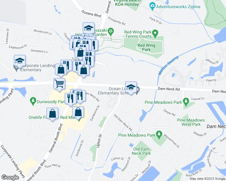 map of restaurants, bars, coffee shops, grocery stores, and more near 1660 Cottenham Lane in Virginia Beach