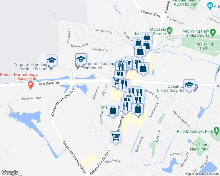 map of restaurants, bars, coffee shops, grocery stores, and more near 1109 Crist Place in Virginia Beach