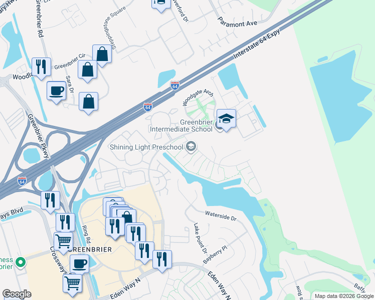 map of restaurants, bars, coffee shops, grocery stores, and more near 1916 Gatewood Court in Chesapeake
