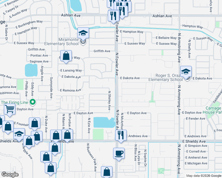 map of restaurants, bars, coffee shops, grocery stores, and more near 5964 East Dakota Avenue in Fresno