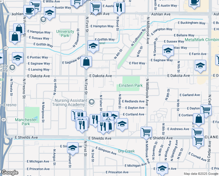 map of restaurants, bars, coffee shops, grocery stores, and more near 3340 East Dakota Avenue in Fresno