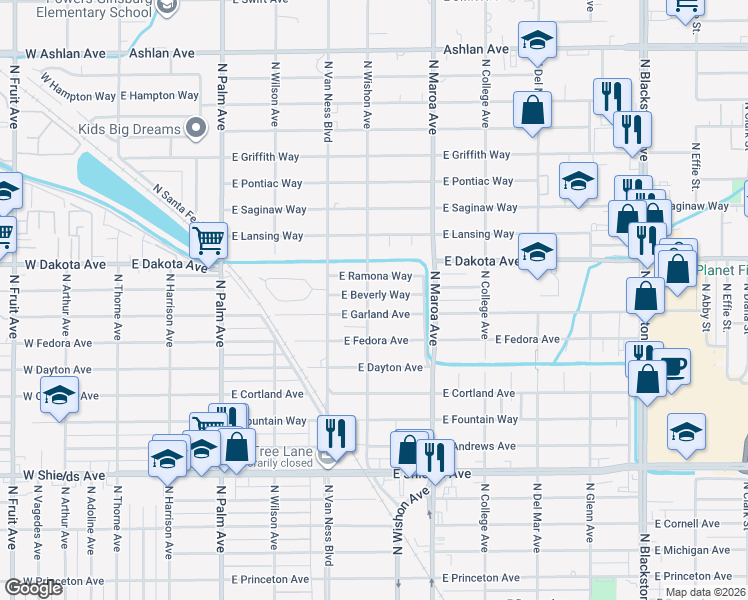 map of restaurants, bars, coffee shops, grocery stores, and more near 706 East Ramona Way in Fresno